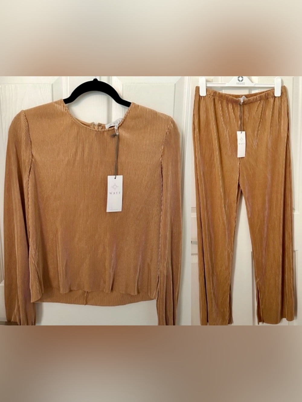 WAYF Matching Set Pleated Top + Wide-Leg Pants Camel/Tan – Size M